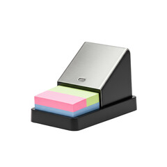 Sleek, modern sticky note dispenser with weighted base, minimalist design, polished metallic silver, pristine, perfectly isolated on transparent background, shadowless studio lighting, prominent