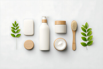 Neatly Arranged Skincare Bottles in Soft Neutral Tones