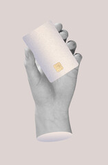 Card in hand, paying for purchase. Bank transaction, cashless spending, technology in business.