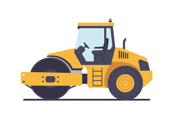 Yellow road roller truck on a white background