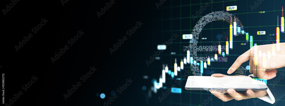 Poster businessman using mobile device for euro trading with digital currency market chart and euro symbol 