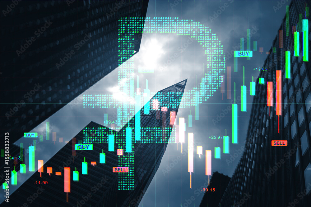 Poster digital financial chart with glowing forex candlesticks over cityscape background and hologram of ru