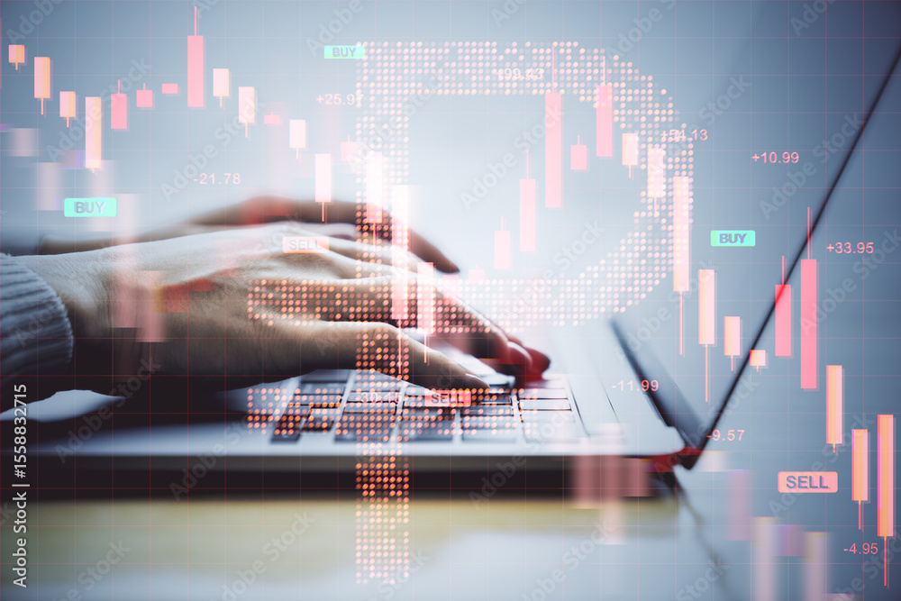 Poster hands typing on laptop with descending stock chart and financial data overlays, symbolizing market c