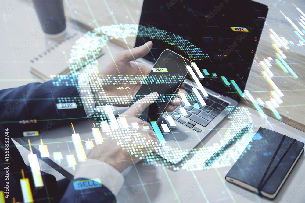 Poster businessman using smartphone and laptop with digital euro sign and financial graphs overlay in moder