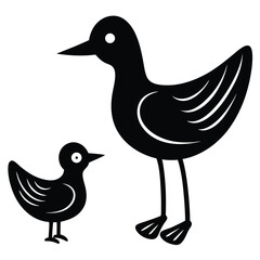 A black silhouette of a mother duck and her duckling standing together on a white background
