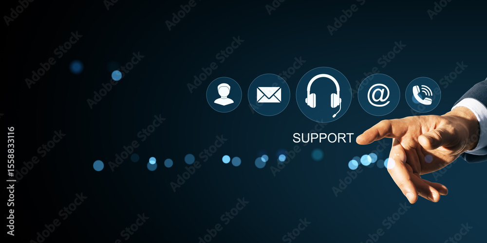 Poster Businessman hand pressing digital support button with communication icons on abstract dark background, symbolizing online customer service tools.