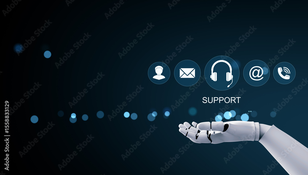 Poster Futuristic robotic hand with digital customer support icons and communication symbols on a glowing tech background for online AI service concept. 3D Rendering