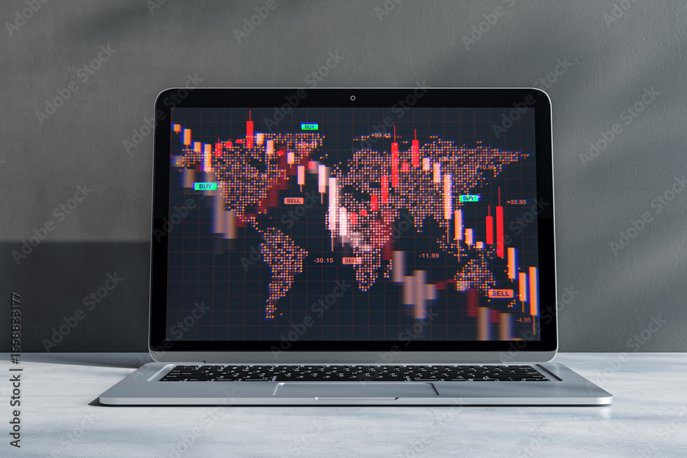 Poster Laptop displaying global stock market crash data with red downward candlestick chart on world map screen, symbolizing economic financial crisis downturn. 3D Rendering