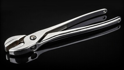 Close-up of modern slip-joint pliers, showcasing their bright, reflective surface against a deep black backdrop. Ideal for themes of craftsmanship, engineering, and home improvement.

