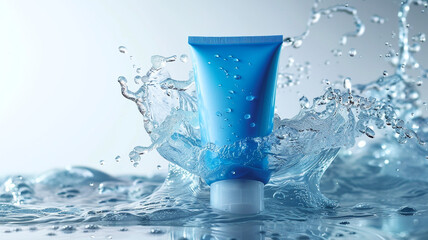 Blue mockup tube of cream in waves of water on white plain background. Concept of natural beauty products for skin hydration, face and body care cosmetics