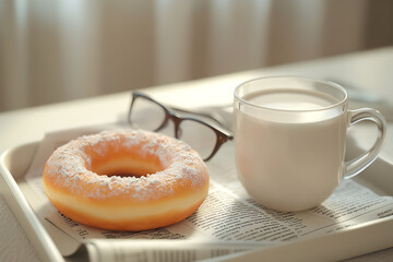 A cozy breakfast scene featuring a frosted donut and a glass of milk on a newspaper