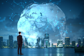 Businessman looking at digital world map with global network connections over modern city skyline...