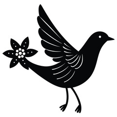 Stylized black bird with a decorative flower on its tail in flight