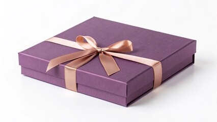 A beautiful purple gift box, elegantly tied with a shimmering rose gold or beige satin ribbon and a prominent bow, resting on a clean white background