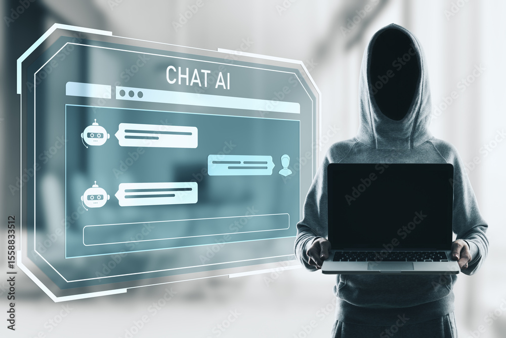 Poster anonymous person in hoodie holding laptop with digital chat ai interface, symbolizing virtual commun