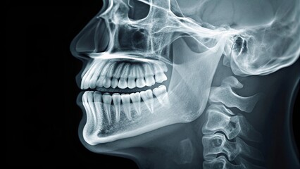A clear lateral cephalometric X-ray of a human skull, showcasing the side profile of the jaw, teeth, and cervical spine. This diagnostic image is crucial for orthodontic planning, maxillofacial surger