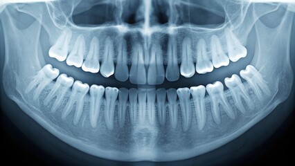High-resolution digital dental X-ray image capturing the entire dentition, offering a clear view of tooth roots, bone density, and potential oral issues