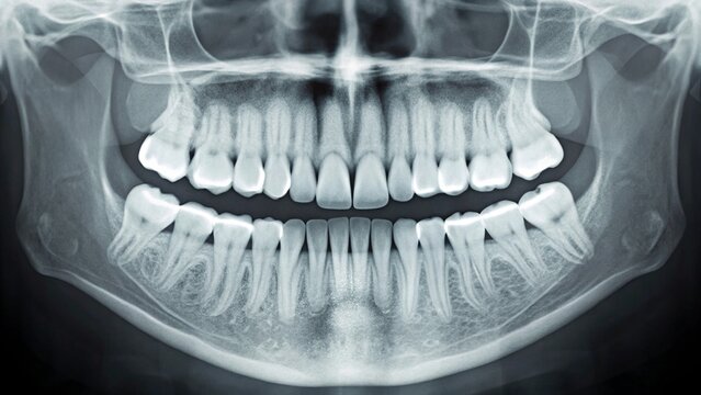 A clear, high-quality panoramic dental X-ray, also known as an orthopantomogram (OPG), showcasing a full view of the upper and lower jaw, teeth