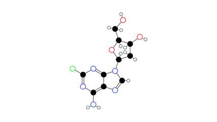 cladribine molecule, structural chemical formula, ball-and-stick model, isolated image antineoplastic agent