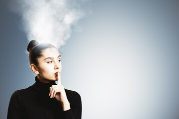 Frustrated businesswoman with smoke above head symbolizing stress and burnout in corporate life, on...