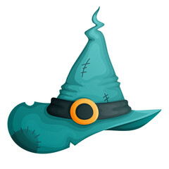 Halloween witch hat  cartoon illustration with curved tip. Spooky , magical design element.