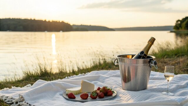 A serene lakeside picnic at sunset, featuring a bottle of sparkling wine in a cooler, a glass of wine, cheese, and strawberries on a white blanket. Perfect for romantic getaways, relaxation