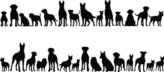Dog Silhouettes Collection, Variety of Breeds in Side Profile, Pet Icons for Design, Animal Outline Vector Set, Canine Diversity, Black Silhouette Graphics