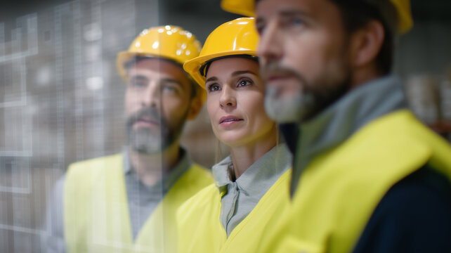 Warehouse worker safety vest hard hat inventory management teamwork technology focus logistics