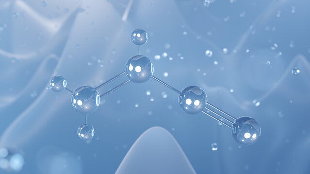 acrylonitrile molecular structure, 3d model molecule, toxic compound structural chemical formula view from a microscope