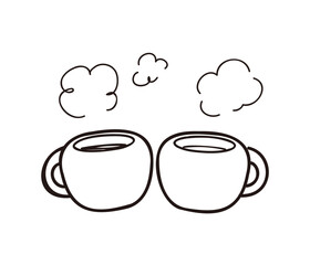 ホットドリンクのカップ2つセットイラスト／カフェや冬の温かい飲み物向け線画素材イラスト