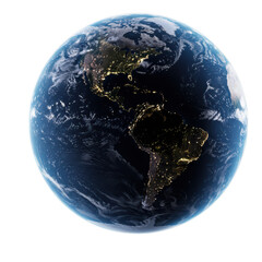 View of earth from space showing north and south america illuminated by city lights at night with clouds and atmosphere visible isolated on transparent background