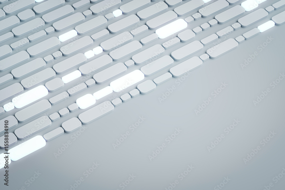 Poster Futuristic illuminated abstract surface with geometric rounded rectangles in diagonal pattern on grey background. 3D Rendering