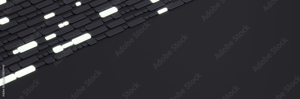 Poster Futuristic glowing rectangular elements diagonally aligned on dark background with copy space for modern tech design or innovation concept template. 3D Rendering