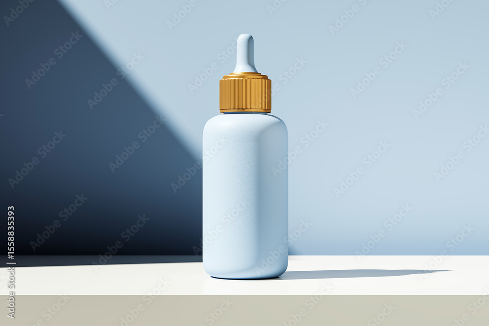 Poster Minimalist cosmetic dropper bottle mockup with golden cap on clean surface in sunlight and soft blue gradient background for product branding design. 3D Rendering