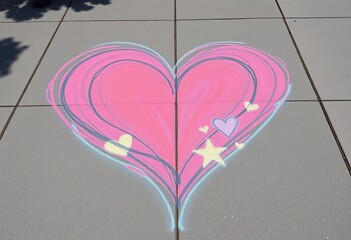 Chalk drawing of a large heart encompassing small shapes on sidewalk, little minds, inspiration