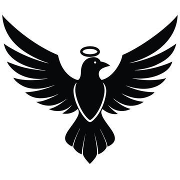 Stylized black silhouette of a dove with outstretched wings and a halo