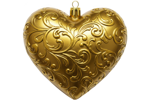 Luxurious golden heart shaped christmas ornament with intricate swirling floral patterns and a hanging loop isolated on transparent background