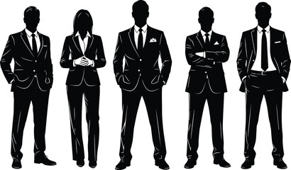 Business silhouettes, professional team, standing pose, formal suits, corporate fashion, office attire, businesswoman, businessmen, vector illustration, black figures, leade