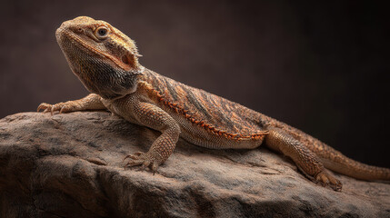 Warm Portrait of a Bearded Dragon Basking on a Stone