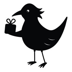 Cute black silhouette bird holding a gift box with a bow