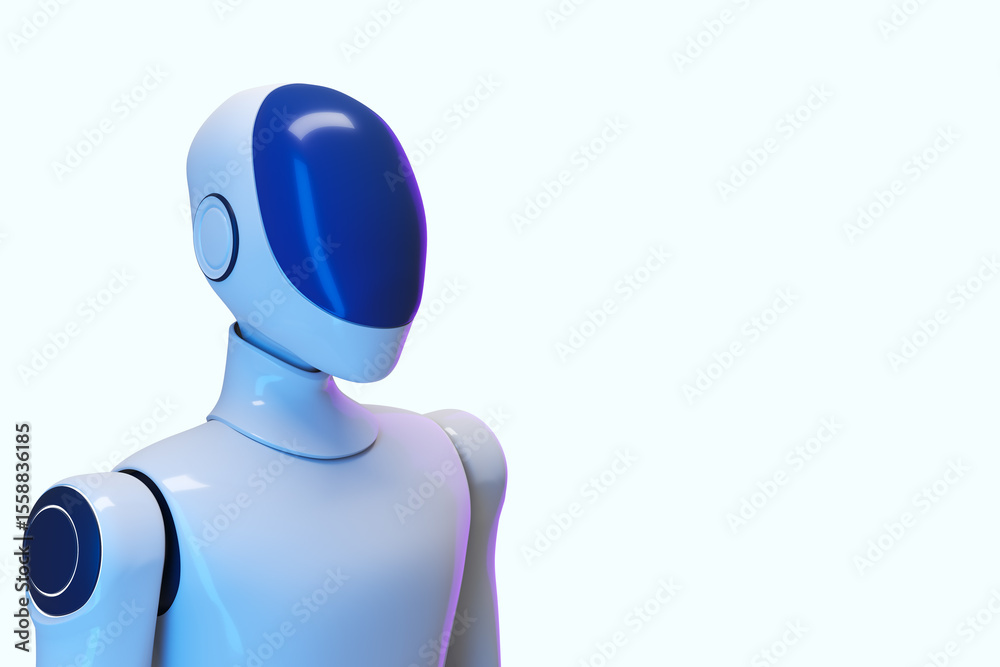 Poster Futuristic humanoid robot with sleek blue and white design standing against light background, symbolizing artificial intelligence and innovation. 3D Rendering