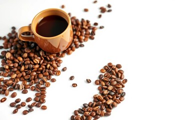 Naklejka premium Coffee bean trail leading to ceramic mug on white background, background, path