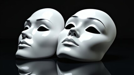 Elegant White Masks with Unique Features and Reflections on Dark Surface