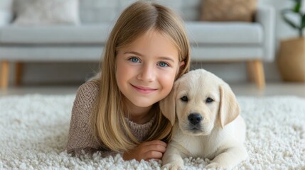 Smiling little girl lying on carpet with cute Labrador puppy