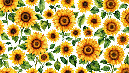 Bright Watercolor Sunflowers and Green Leaves Pattern
