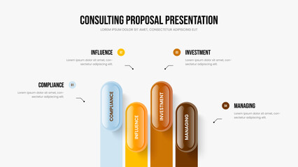 Investor Review Four Option Infographic Presentation Design. Marketing Report 4 Step Diagram Slideshow Template. Consulting Development Frame Layout Vector Illustration.