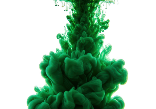 Vibrant green ink cloud swirling and blooming in water creating abstract organic shapes and patterns isolated on transparent background
