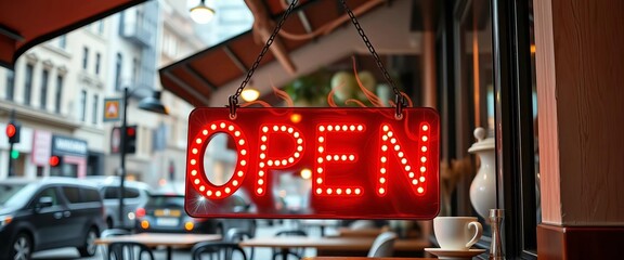 Cozy cafe open sign, steaming coffee, city backdrop, smell, drink