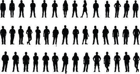 Silhouettes of people, standing in rows, various poses, isolated on white, vector collection, human posture, character design, black outline, editable shape