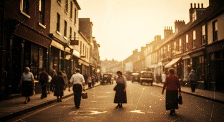 Fototapeta premium Golden hour illuminates a bustling, vintage street scene; pedestrians stroll past shops in a historic town.